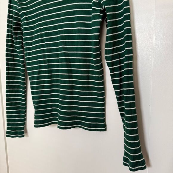 Uniqlo Shirt Womens Sz M Green White Striped Ribbed Long Sleeve Pullover Stretch - Picture 7 of 12